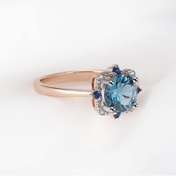 14k 925 London Blue Topaz Diamond Vintage Ring - Picture 5 of 9